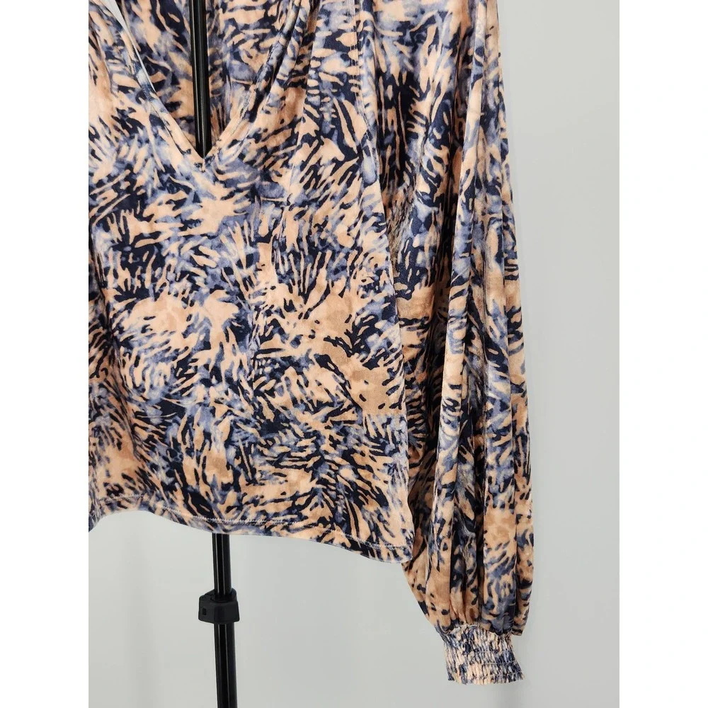 Free People Velvet Smocked V-Neck Balloon Sleeve Blouse Blue Tan XS